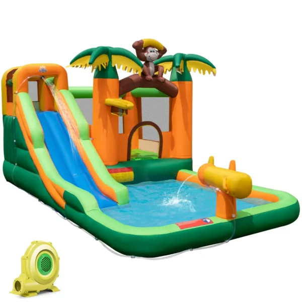 Springkasteel Met Waterglijbaan Tropisch 7-in-1 Waterpark Met Kinderbadje Basketbalkorf En Waterpistool Incl. Ventilator 460 X 285 X 230 Cm