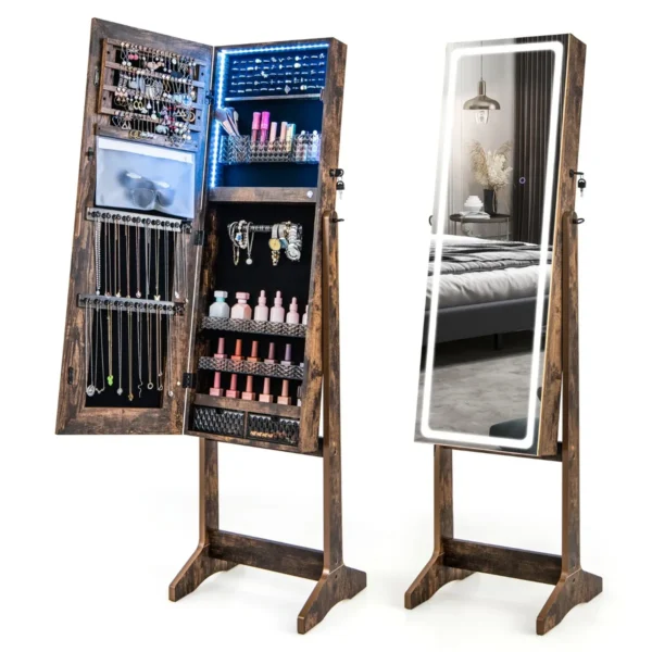 Staande Juwelenkast Met LED-Verlichting Afsluitbare Kast Met Verlichte Spiegel Over De Hele Lengte Lippenstiftdoosje & 2 Lades-Koffie