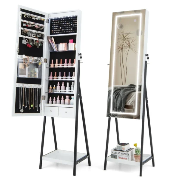 Staande Juwelenkast Spiegel Over De Volle Lengte Met 3-Kleuren LED-Verlichting Aanraakschakelaar Afsluitbare Deur (Wit)