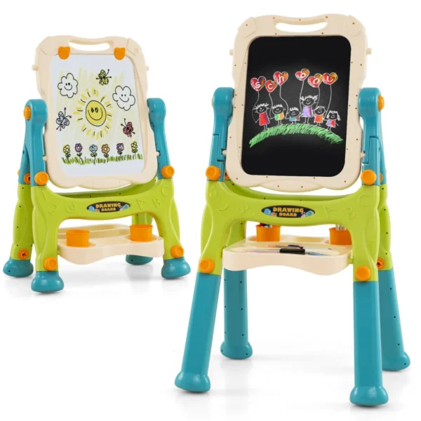 Staande Kinderezel In Hoogte Verstelbare Schildersezel Met Magnetisch Whiteboard En Schoolbord Afneembaar Tekenbord-Groen