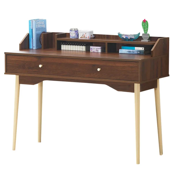 Thuiskantoor Schrijftafel Met Lade 100% Stevige Rubberhouten Poten Met Grote Lade & Breed Tafelblad 2-Laags Hok Bruin