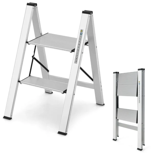 Trapladder 2 Treden Aluminium Vouwladder Tot 150 Kg Ladder Opstapkruk Huishoudladder Voor Thuis/Kantoor Garage Zilver