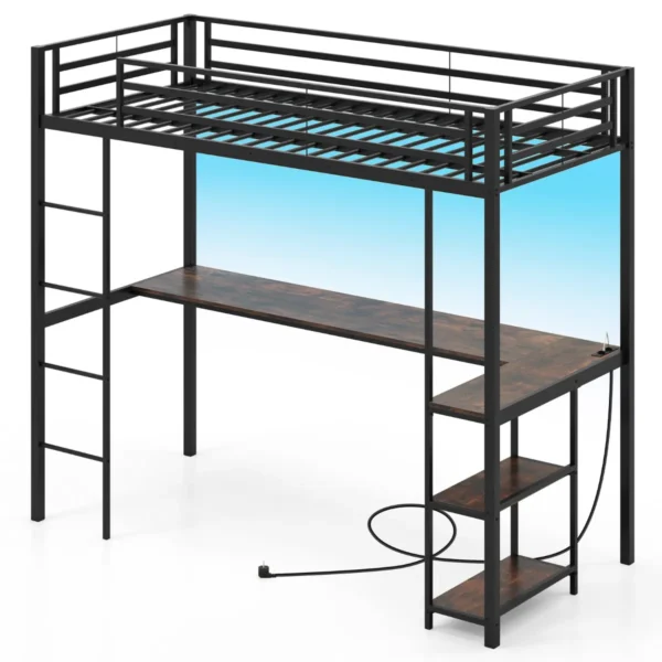 Tussenbed 200 X 90 Cm Met Bureau Verhoogd Bed Met LED Oplaadstation Metalen Bed Met Veiligheidsreling En Ladder Zwart
