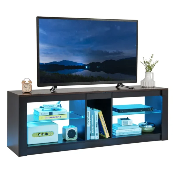 TV-Kast Met Ledverlichting Televisietafel Voor TV's Tot 65 Inch Tv-Kast Met 2 Verstelbare Glazen Planken En Open Vak Lowboard TV-Rek