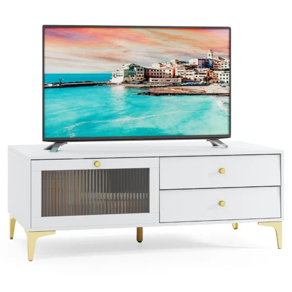TV-Meubel Voor 55-Inch TV TV-Console Met Opklapbare Deur Van Gehard Glas En Metalen Poten Modern Entertainmentcentrum Lichtgrijs