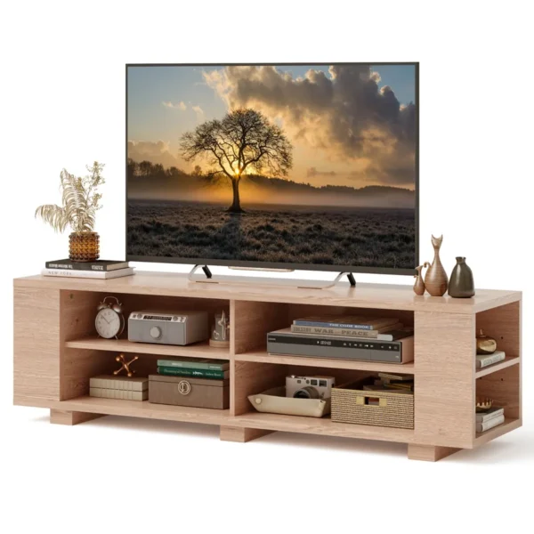 TV-Standaard Met 6 Vakken TV-Bank Voor TV's Tot 65" 4 Kabelmanagementgaten Verstelbare Planken 150 X 39 X 45 Cm Natuur