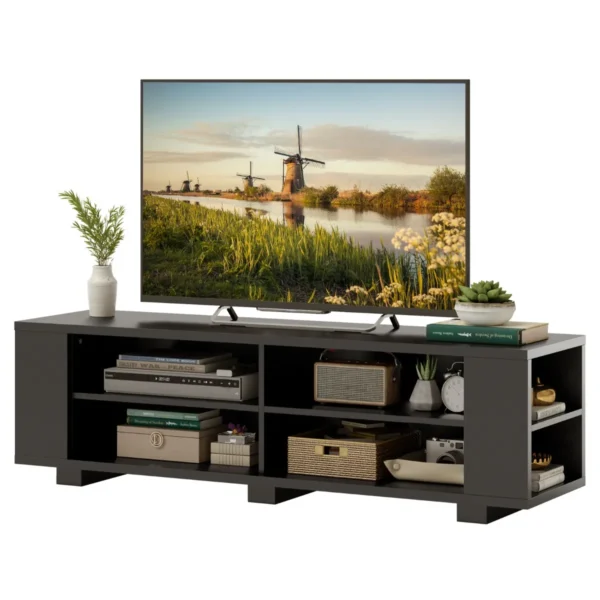 TV-Standaard Met 6 Vakken TV-Bank Voor TV's Tot 65" 4 Kabelmanagementgaten Verstelbare Planken 150 X 39 X 45 Cm Zwart