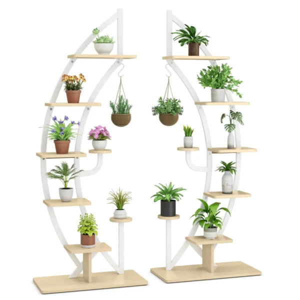 Twee 7-Lagen Hoge Metalen Plantenrek Gebogen Halve Maan Vorm Ladder Plantenrek Moderne Bloempot Houder Wit