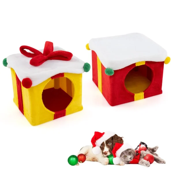 Twee Verdiepingen Tellend Kerstkattenhuis Stapelbare Geschenkdoosvormige Kattenunits Met Strik Modern En Warm Kattenbed