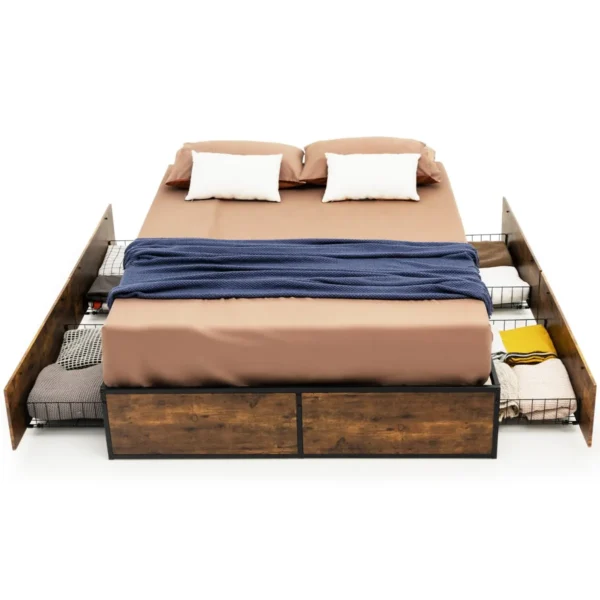 Tweepersoonsbed Frame Slijtvast Metalen Bed Met 4 Laden Houten Voeteneinde Rustiek Bruin