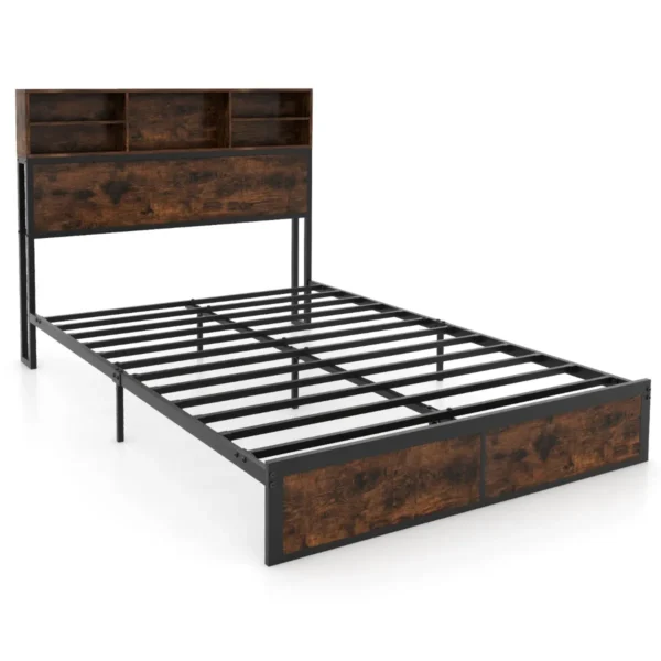 Tweepersoonsbedframe 200 X 140 Cm Met Laadstation Stevig Metalen Platformbed Met Hoofdbord Met Opbergruimte Lattenbodem Bruin
