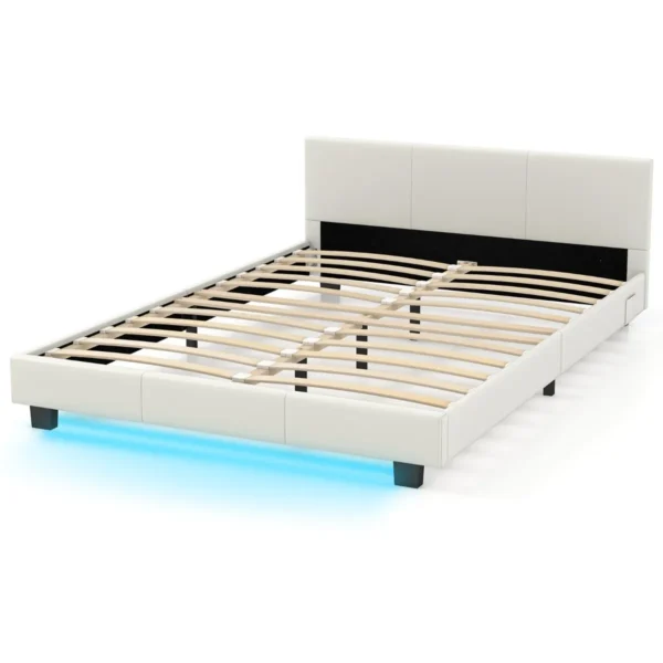 Tweepersoonsbedframe Met Hoofd- & Voetbord Gestoffeerd Platformbed Met LED-verlichting Bedframe Met Houten Lattenbodem Wit