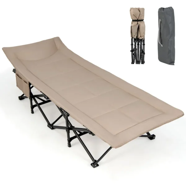 Veldbed Inklapbaar Campingbed Klapbed Met Zijzak Draagbare Campingstoel Incl. Draagtas Logeerbed Voor Binnen En Buiten Kaki