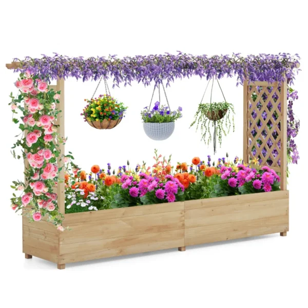 Verhoogd Bloembed Met Rankrooster En Hangend Dak Bloembak Voor Klimplanten En Hangende Manden Voor Binnenplaats Tuin-Naturel