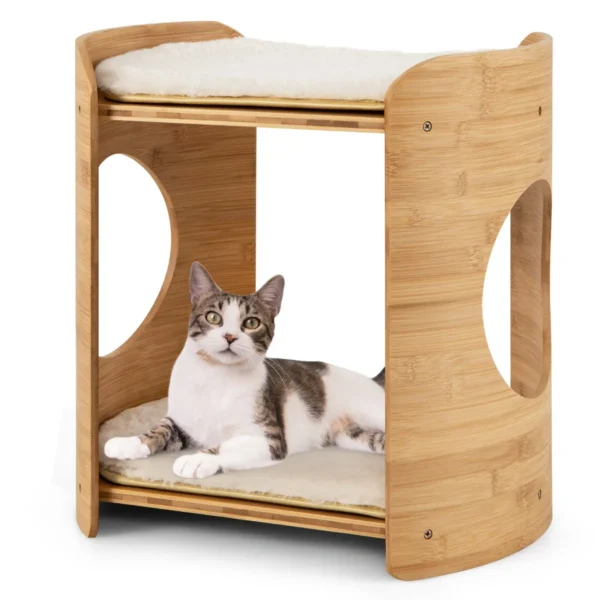Verhoogd Kattenbed Schattige Kleine Kattenboom Met 2 Niveaus Voor Binnenkatten Met Frame Van Natuurlijk Bamboe Natuurlijk