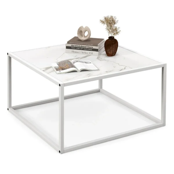 Vierkante Salontafel Salontafel Van Imitatiemarmer Metalen Frame Eenvoudig Te Installeren 70 X 70 X 40cm (Wit)