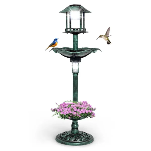 Vogelvoederhuisje Met Solar Licht Bloempot Vogelvoederhuisje Retro Vogelvoederhuisje Met Vulbare Standaard Vogelbad Tuin Ø43x110cm (Groen)