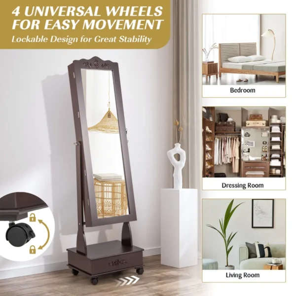 Vrijstaande Sieradenkast Afsluitbare Sieraden Organizer Met Spiegel Over De Volledige Lengte Lades Sieradenspiegel Bruin