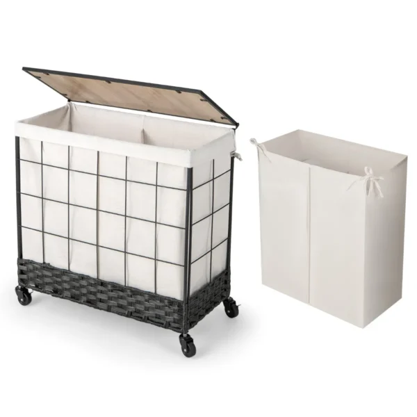 Wasmand Met Afsluitbare Wielen Robuuste Wasmand Van 130 Liter Met Houten Deksel En Verdeelde Uitneembare Binnenzak Zwart