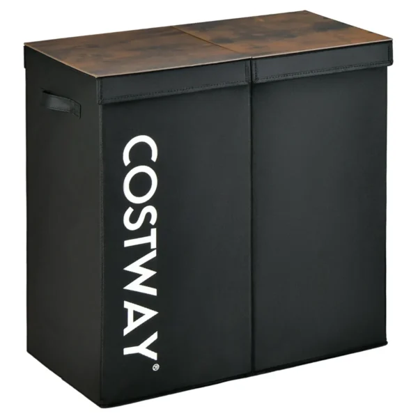 Wasmand Met Deksel 115 L Wasverzamelaar 2 Vakken Wasbox Van Vliesstof Met Handgrepen 62 X 31 X 60 Cm (Zwart)