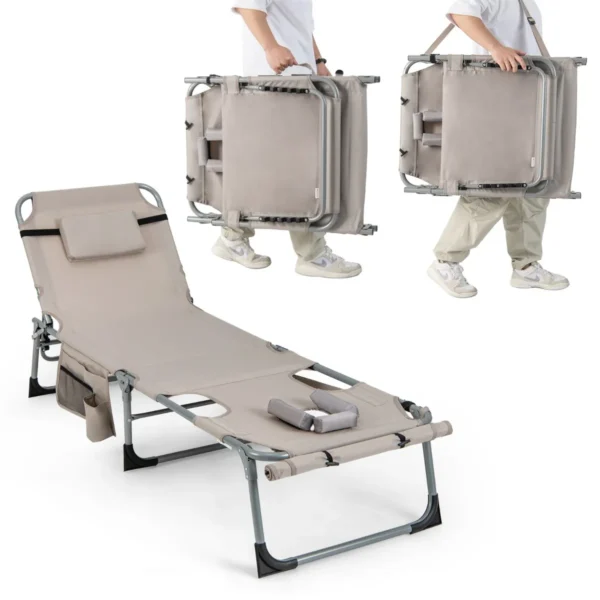 Zonneligstoel Met Gezichtsopening Opvouwbare Ligstoel Met Verstelbare Rugleuning En Voetensteun Afneembaar Kussen Zijzak-Beige