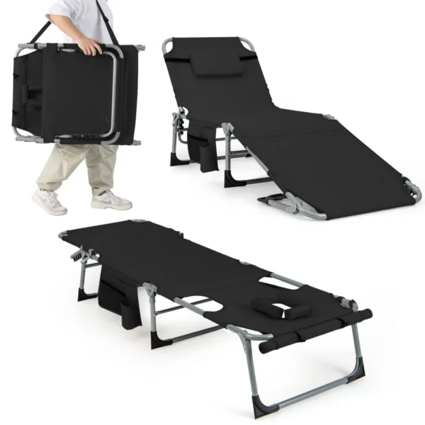 Zonneligstoel Met Gezichtsopening Opvouwbare Ligstoel Met Verstelbare Rugleuning En Voetensteun Afneembaar Kussen Zijzak-Zwart