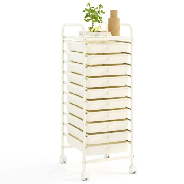 10 Laden Rollende Opbergwagen Metalen Opbergwagen Servicewagen Met 360 ° Roterende Wielen En PP-Laden Wit