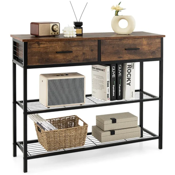 100cm Consoletafel Met 2 Laden 3 Niveaus Houten Haltafel Bijzettafel Met Metalen Frame Met Anti-kantelbeveiliging Vintage