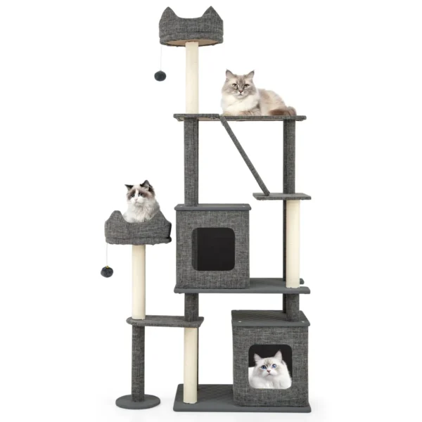 180 Cm Krabpaal Groot Kattenboom Met 2 Holletjes Platforms Kattenbed Sisalpalen Bal & Ladder En Sisalplank Kattenkrabpaal Katten Grijs