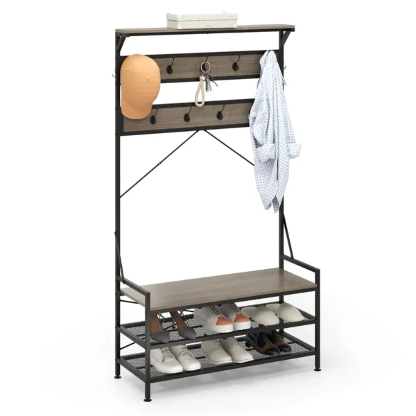 184 Cm Kapstok Met Schoenenrek Schoenenrek Met Garderobe Kledingrek Met Zitbank Incl. 11 Haken Voor Hal Woonkamer Grijs