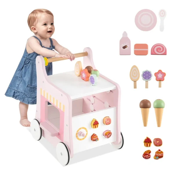 2-In-1 Houten Loopwagen Peuterloopwagen Met Ijs Glijbanen Doolhof Bord En Lepel Montessori-Activiteitencentrum Voor Kinderen 1+-Roze