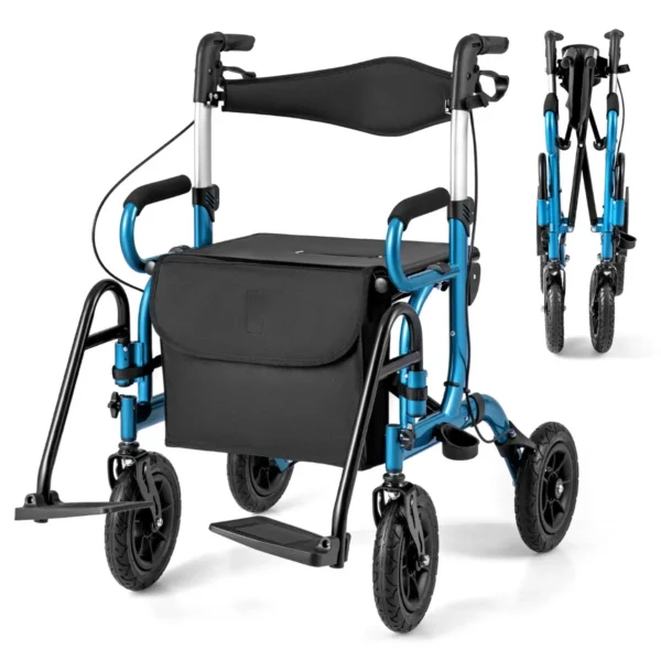 2-In-1 Rollator Met Luchtbanden En Zitting Rolstoel En Reisrollator Loophulp 6-Voudig In Hoogte Verstelbaar Loopwagen Met Tas-Blauw