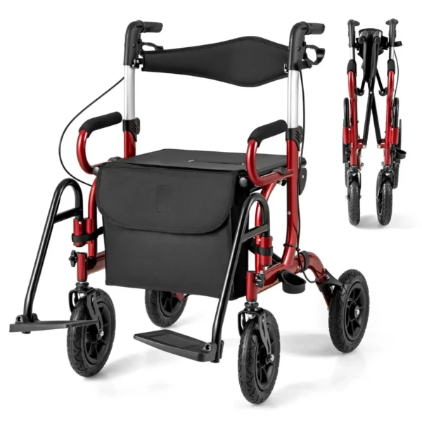 2-In-1 Rollator Met Luchtbanden En Zitting Rolstoel En Reisrollator Loophulp 6-Voudig In Hoogte Verstelbaar Loopwagen Met Tas-Rood