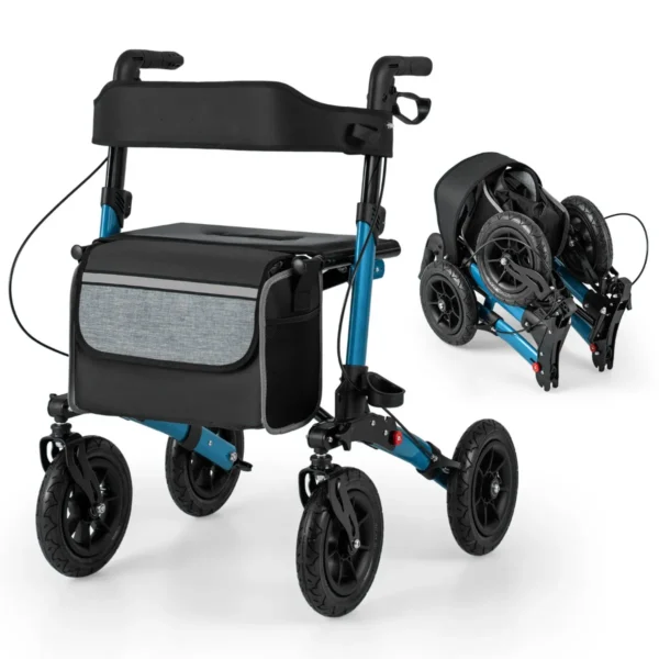 2-in-1 Rolstoel & Reisrollator Loophulp Rollator Met Luchtbanden En Zitting 7-Voudig In Hoogte Verstelbaar Opvouwbaar En Licht-Blauw