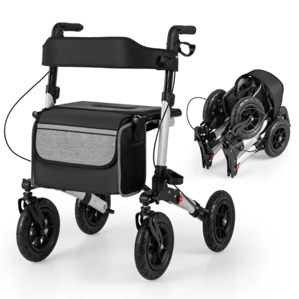 2-in-1 Rolstoel & Reisrollator Loophulp Rollator Met Luchtbanden En Zitting 7-Voudig In Hoogte Verstelbaar Opvouwbaar En Licht-Zilver