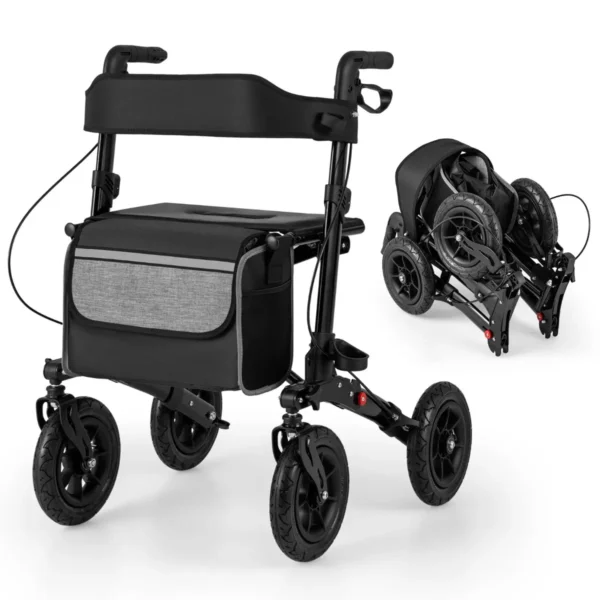 2-in-1 Rolstoel & Reisrollator Loophulp Rollator Met Luchtbanden En Zitting 7-Voudig In Hoogte Verstelbaar Opvouwbaar En Licht-Zwart