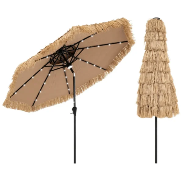 256 Cm Parasol In Hawaïaanse Stijl Tiki-Parasol Gemaakt Van Zonwerend Kunstriet 32 LED-Lampjes En Centraal Licht 35° Kantelbaar