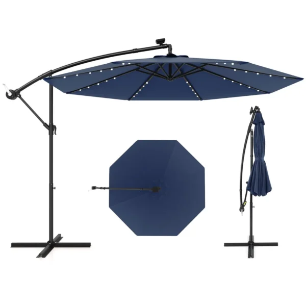 300 Cm Grote Verplaatsbare Parasol Met 40 Lampen & Zonnepanelen Marktparasol Verlichte Vrijstaande Parasol Voor Tuin Donkerblauw