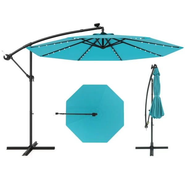 300 Cm Grote Verplaatsbare Parasol Met 40 Lampen & Zonnepanelen Marktparasol Verlichte Vrijstaande Parasol Voor Tuin Turquoise