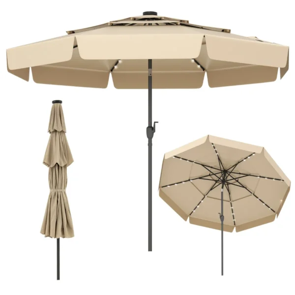 300 Cm Solar Patio Parasol Met 32 ​​LED's 3-Laags Geventileerd Dak Kantelverstelling Zwengel 8 Baleinen Tafelparasol Voor Tuin Strand-Beige
