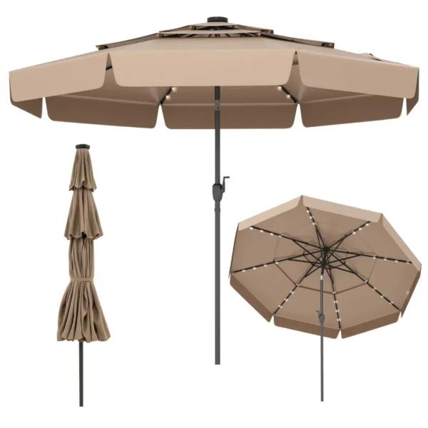 300 Cm Solar Patio Parasol Met 32 ​​LED's 3-Laags Geventileerd Dak Kantelverstelling Zwengel 8 Baleinen Tafelparasol Voor Tuin Strand-Bruin