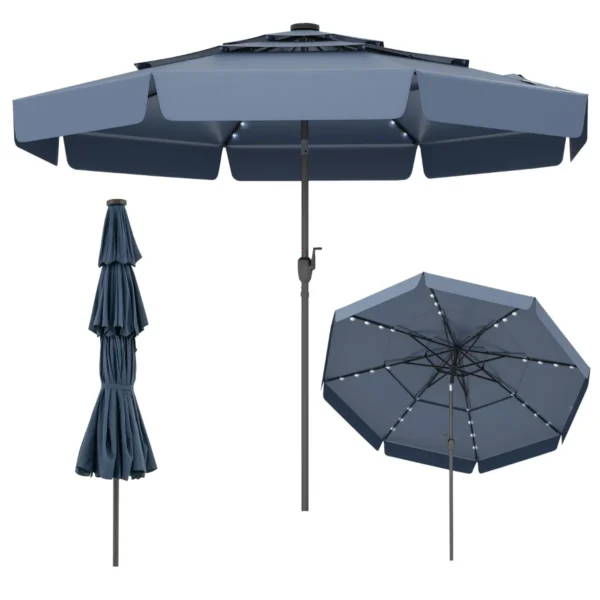 300 Cm Solar Patio Parasol Met 32 ​​LED's 3-Laags Geventileerd Dak Kantelverstelling Zwengel 8 Baleinen Tafelparasol Voor Tuin Strand-Donkerblauw