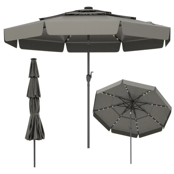 300 Cm Solar Patio Parasol Met 32 ​​LED's 3-Laags Geventileerd Dak Kantelverstelling Zwengel 8 Baleinen Tafelparasol Voor Tuin Strand-Grijs
