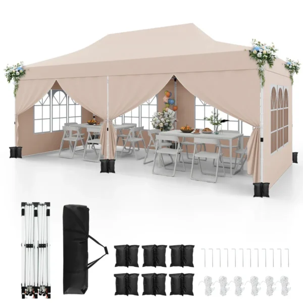 300 X 600 Cm Partytent Met 6 Afneembare Zijwanden Paviljoen Met Draagtas & UPF 50+ Tuinpaviljoen Voor Feest Bruiloft Beige