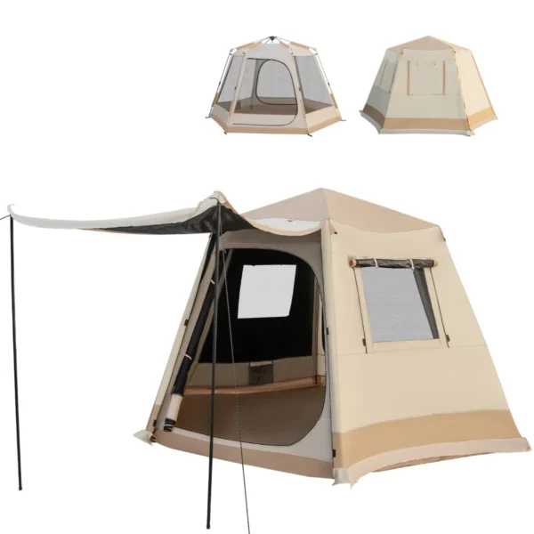 4-6 Persoons Campingtent Dubbele Laag Waterdichte Winddichte Familietent Met Draagtas UV-Bescherming 50+ Beige