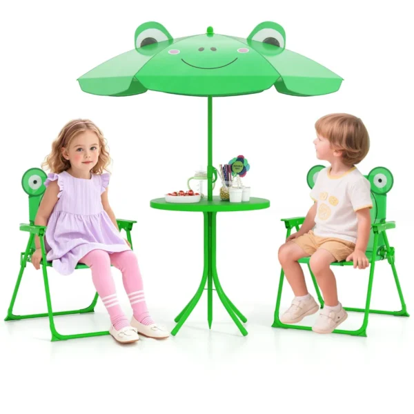 4-Delige Picknickset Voor Kinderen Buitenactiviteitentafel Met 2 Klapstoelen En In Hoogte Verstelbare Parasol Kindertuinmeubilair-Donkergroen
