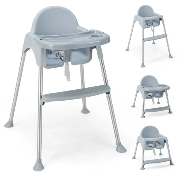 4-in-1 Babystoel Van PP & Roestvrij Staal Ombouwbare Stoel Met Afneembaar Dubbel Dienblad Grijs
