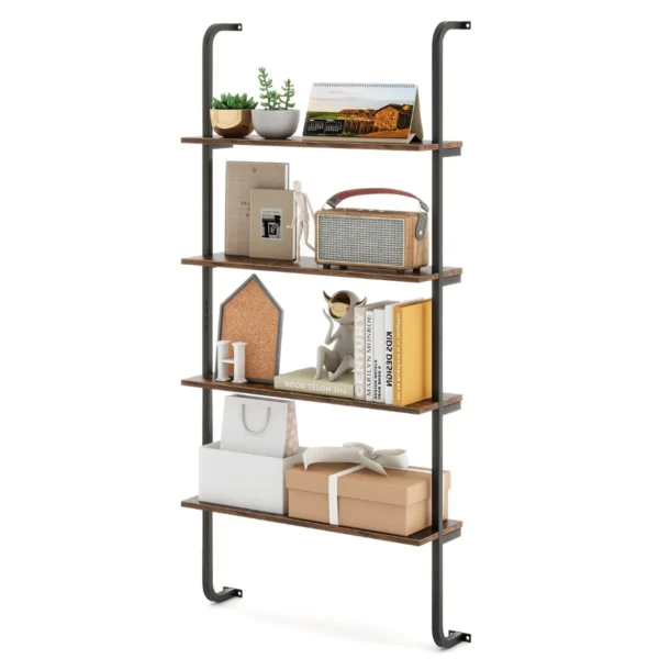 4-Laags Zwevend Wandrek Ladderrek Wandmontage Zwevend Rek Hout Met Metalen Frame 70 X 20,5 X 150 Cm