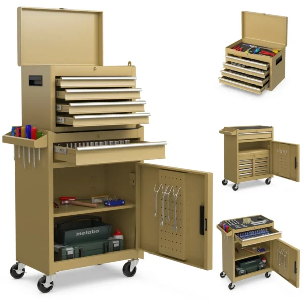 4-Laden Gereedschapskist Met Wielen En Opbergkast Voor Gereedschap Verwijderbaar Vergrendelbare Wielen Verstelbare Plank-Geel