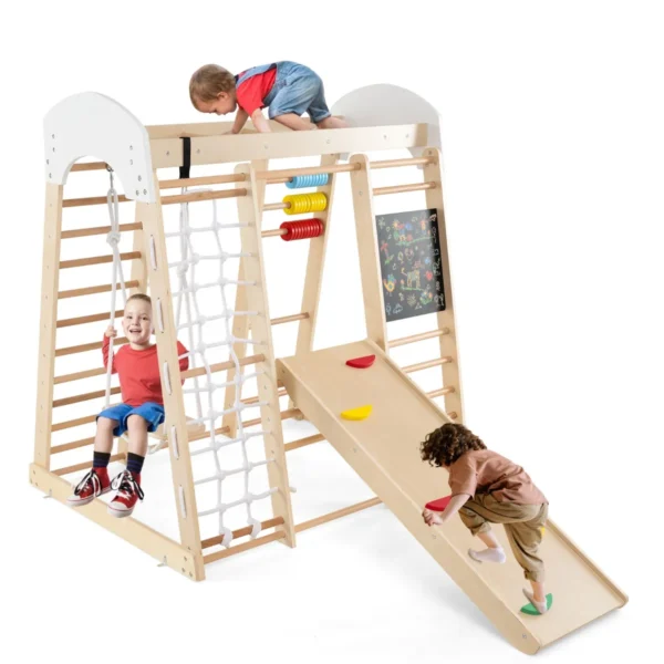8 In 1 Klimspeelgoedset Voor Peuters Met Glijbaanschommel 124 X 119 X 138 Cm Naturel + Kleurrijk